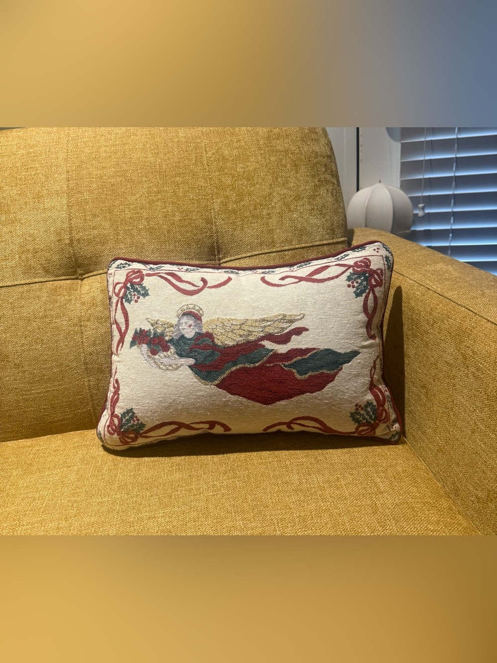 Vintage Riverdale Christmas Angel Tapestry Pillow Gold Metallic Made in USA 16”